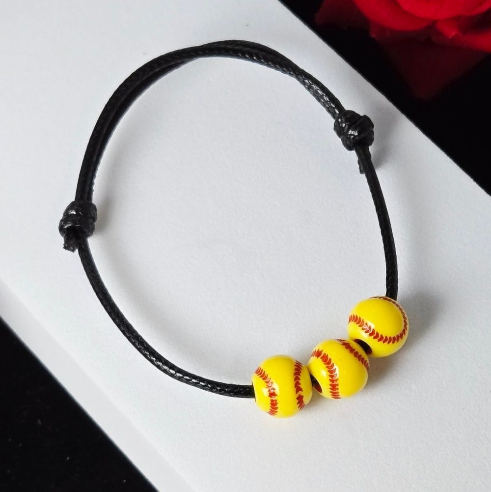 Softball Beaded Bracelet Adjustable Sliding Knot Yellow Baseball Acrylic Sport